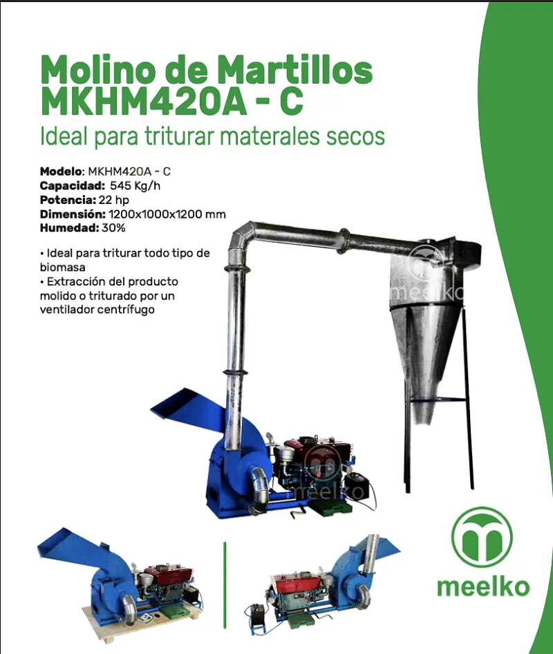 Imagen del producto Molino Triturador de Biomasa Diésel MKH420A-C de 22 hp - Meelko