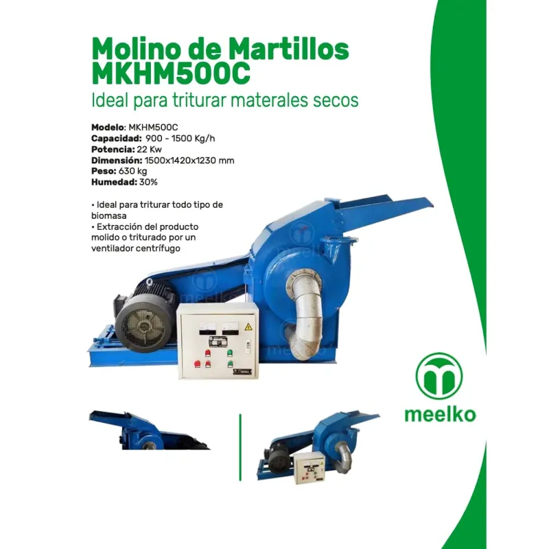 Imagen del producto Molino Triturador de Biomasa Eléctrico MKH500C, hasta 1500 kg/h - Meelko