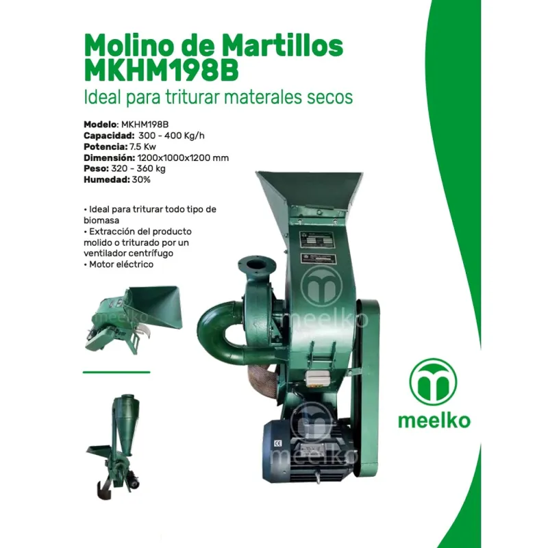 Imagen del producto Molino Triturador de Biomasa Eléctrico MKH198B, 360 kg/h - Meelko